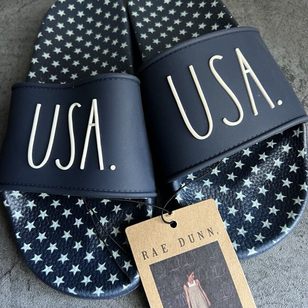 Rae Dunn USA Slides Sandals Navy White Stars Patriotic Size 7 NEW